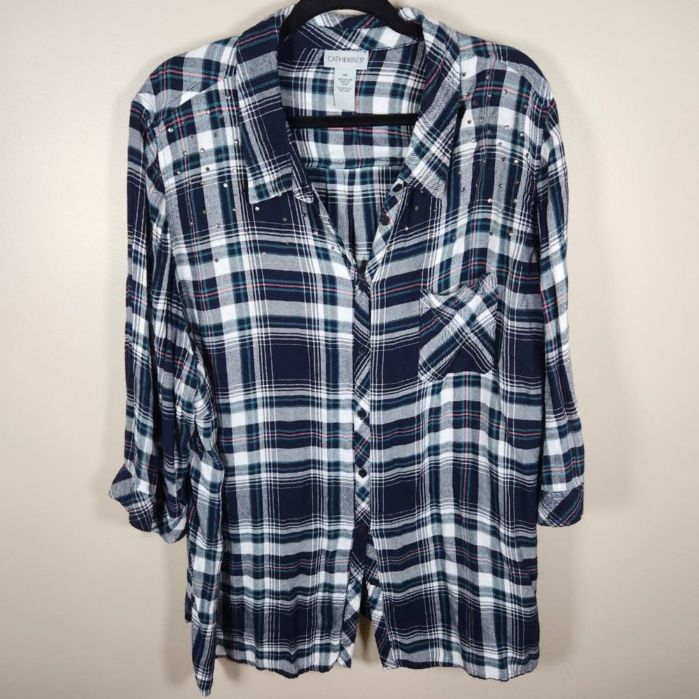 Catherines Shirt Womens 3X Blue Plaid Button Up 3/4 Sleeve Top Studded Rayon